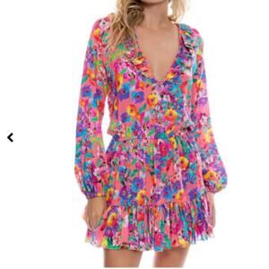 Luli Fama NWT water blossoms ruffled deep v frill hem dress electric coral small